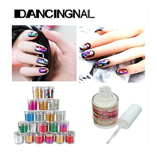 DANCINGNAIL 15ml Pro Nail Art Glue for Foil Sticker Nail Transfer Tips Adhesive Star Nails And 5 Glitter Metallic Lustre Shiny Nail Art Transfer Foil Tips Rolls Decoration send by random