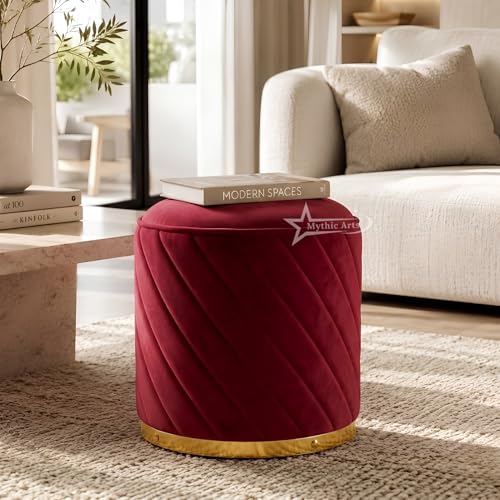 Image of Ottoman Stool, Puffy Stool, Sitting Stool, Modern Upholstered Round Ottoman, Dressing Table for Living-Maroon