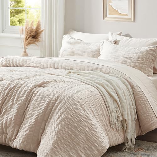 Image of Zzlpp Full Comforter Set 7 Pieces, Beige Seersucker Bed in a Bag with Comforter and Sheets, All Season Bedding Sets with 1 Comforter, 2 Pillow Shams, 2 Pillowcases, 1 Flat Sheet, 1 Fitted Sheet