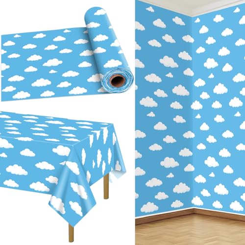 QUERICKY Rollo de mantel de cielo de 100 pies, color azul y blanco, telón de fondo de cielo, decoración de fiesta temática para cumpleaños, baby shower
