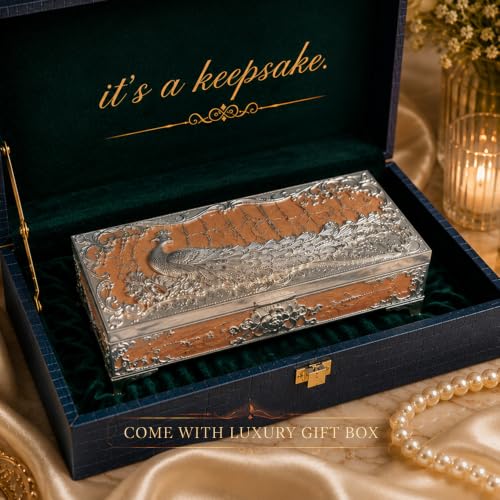 Image of Diviniti Silver Plated Peacock Decorative Storage Box with Lid | Multipurpose Keepsake, Jewelry & Trinket Box | Luxury Home Decor Gift for Dressing Table, Wedding & Corporate Gifting (Peach)