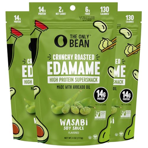 The Only Bean Edamame Dry Roasted Edamame Beans Snack (Wasabi Soy Sauce), Wasabi Peas Alternative, Asian Japanese Snacks, Healthy High Protein Snacks, Low Carb, Gluten Free, 4oz (Pack of 3)