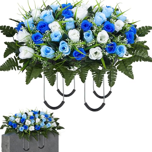 Artificial Cemetery Flowers Saddle, Grave Flowers Rose for Cemetery, Memorial Headstone Flowers Saddle for Grave Tombstone Decorations (1, Blue & White) image 2