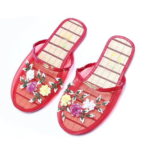 Chinese Slippers For Women, Chinese Mesh Floral Slippers, Breathable Mesh Bamboo Flats Hollow Sandal Summer