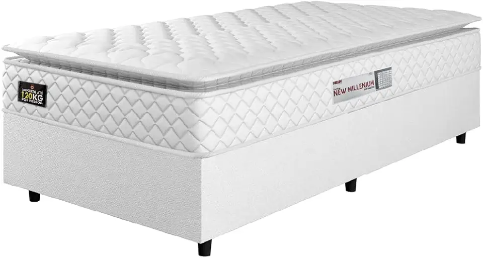 Cama Box Colchão Espuma D33 Pillow Top New Millenium Branco Hellen – Suporta Até 120 Kg Por Pessoa (Solteiro)