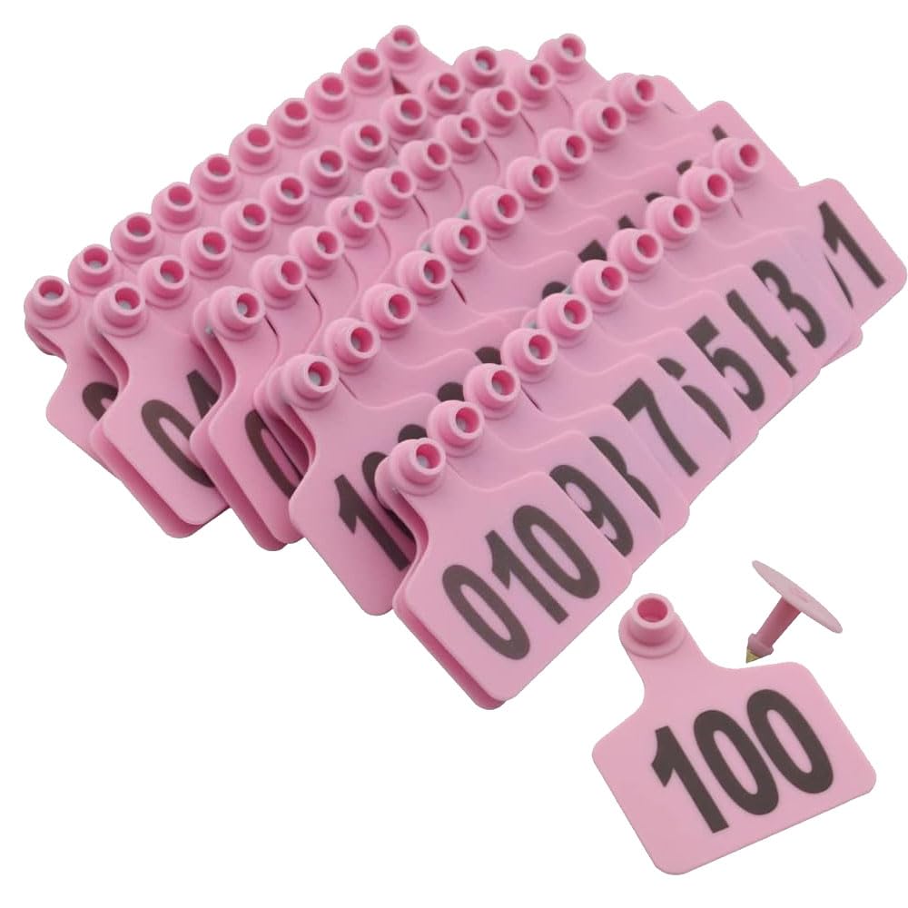 Cattle Ear Tags Thickened Plastic Livestock Ear Tags with Numbers or Cattle Goat Pigs Cow Identification Ear Tags 001-100 Pink