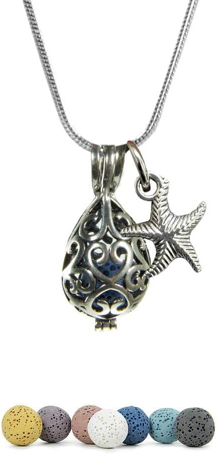 Aromatherapy Essential Oil Diffuser Necklace 7 Lava Stones 24" Sterling Silver Chain |Tear Drop