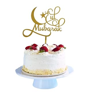 PRETTY UR PARTY Eid Mubarak cursive Cake Topper, Mirrored Gold Acrylic versatile Cake Topper for Eid Decorations Supplies, Photo Booth Props, Single-side Gold Cake Smash Topper
