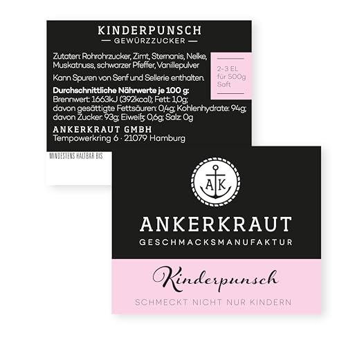 Ankerkraut Kinderpunsch Gewürz, 115g im Korkenglas, Mischung Zimt. Vanille, Nelke für Saft, Glühwein für Kinder, Heißgetränk aus Tasse im Winter, Premium Qualität
