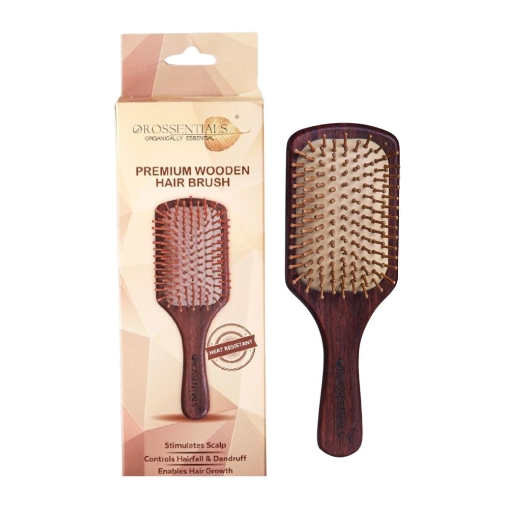 OROSSENTIALS Wooden hair brush for Women & Men Boar Bristle Wooden Paddle for men women Curly hair brush for hair growth with flat paddle brush (premium Dark Wood, Brown)
