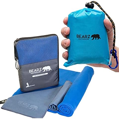 BEARZ Outdoor Pocket Blanket and Quick Dry Towel Travel Towel bundle (Blue), Beach Blanket, Microfiber Towel, Camping Towel and Camping Tarp Picnic Blanket Cover