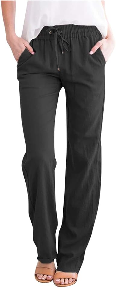 Amazon.com: Pantalones largos con cordón de lino y pierna ancha para mujer  con cordón de algodón y cordón de verano : Ropa, Zapatos y Joyería