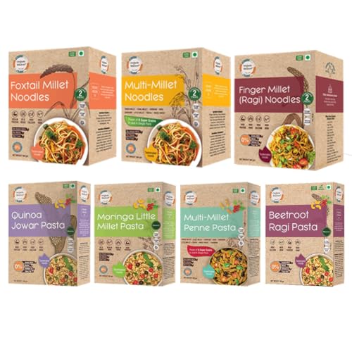 Image of Organic Wisdom Roots Pasta & Noodles Combo Pack of 7 | 3 Millet Noodles & 4 Millet Pasta | Free From Maida, MSG & Refined Oil | High in Protein & Fiber | Tastemaker Inside