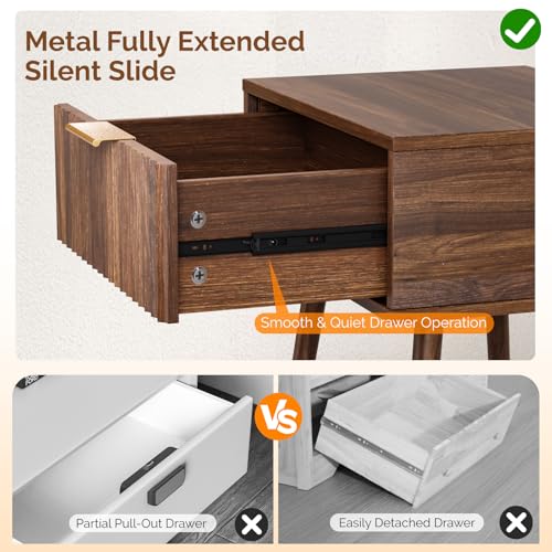 Image of VINGLI Fluted Nightstand with Drawer, 19 inch W Mid Century Modern Nightstand for Bedroom, Bedside Table, End Tables Bedroom, Wood Night Stand, Walnut, 18.9 inch W*14.96 inch D*24 inch H
