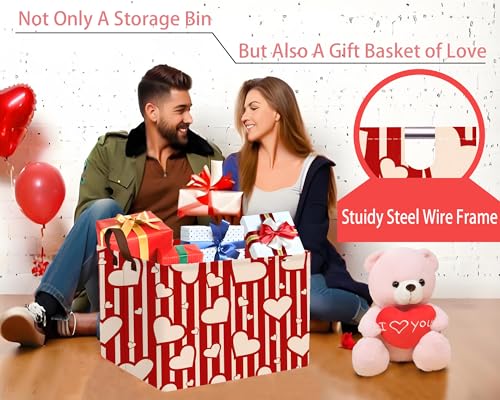 Image of Large Valentine's Day Basket Heart Shaped Storage Bin for Gifts Collapsible Organizer Room Decor (Vertical Bar Love)