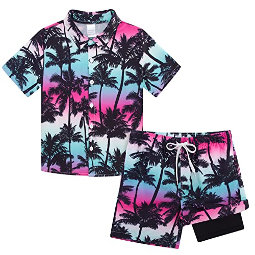 Image of UNICOMIDEA Boys Hawaiian Outfits Tropical Print Button Down Shirt + Swim Trunks 2 Piece Sets for 5-12T Kids