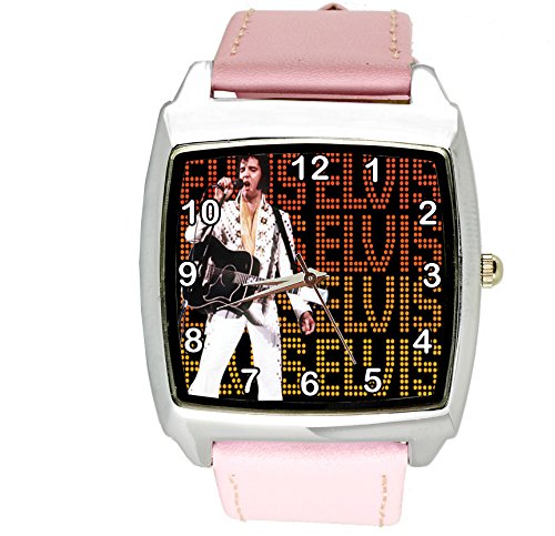 taport® Elvis Presley Vegas música Legend cuarzo cuadrado Dial de reloj rosa de piel banda + libre batería de repuesto + libre bolsa de regalo