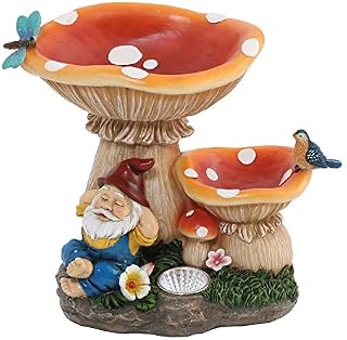 TERESA'S COLLECTIONS Garden Gnome Ornaments Outdoor with Solar Light, Napping Dwarf Gnome under Mushroom Outdoor Statue Figurine, Waterproof Resin Bird Bath Garden Gifts for Lawn Ornaments, 20cm