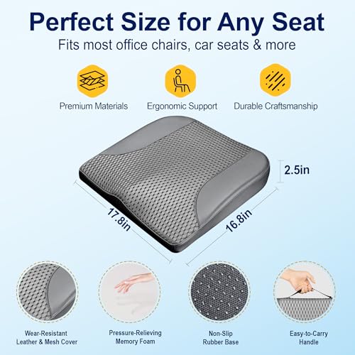 Image of kingphenix Car Seat Cushion - Memory Foam Pad for Driving Comfort - Boosts Height and Relieves Coccyx & Lower Back Pain - Car, Truck, Office Chair (Leather & 4D Mesh Gray)