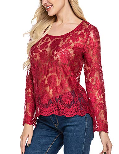 Zeagoo Women's Plus Size Floral Lace Sexy Sheer Blouse Mesh Lace Crop Top, Wine Red, 3X-Large