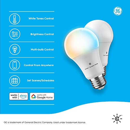 Ge Lighting Cync Smart Led Light Bulbs, Tunable White, Bluetooth And Wi-Fi, Works With Alexa And Google Home, A19 Bulbs (2 Pack) #TOP1