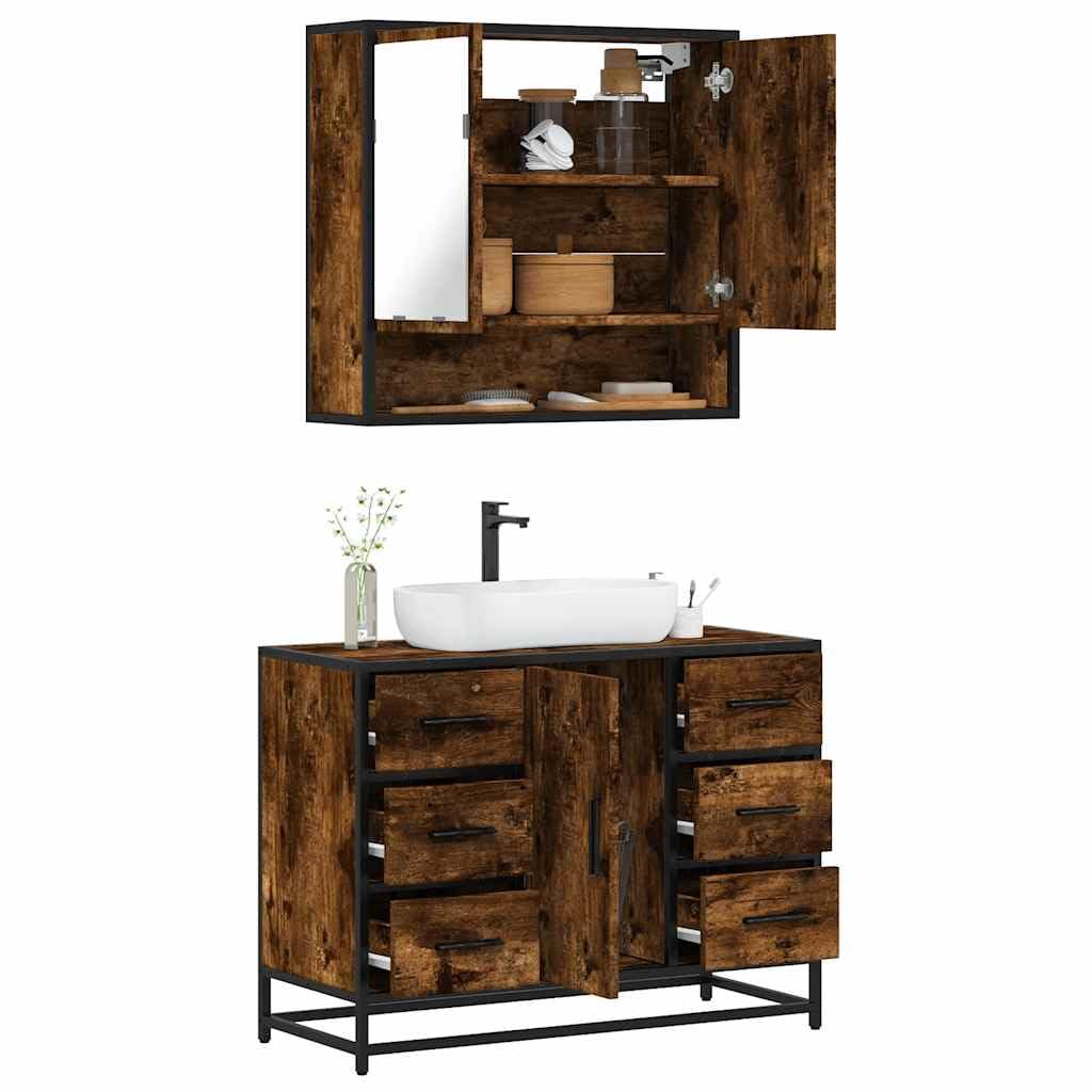 2-częściowy zestaw mebli łazienkowych, dąb wędzony, materiał drewnopochodny z metalowym stelażem, szafka z lustrem 65 x 20 x 60 cm i szafka pod umywalkę 80 x 33 x 60 cm, do przechowywania i