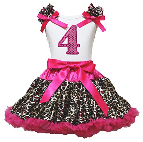 Camiseta 4 cumpleaños rosa fucsia y falda tutú de leopardo para niña