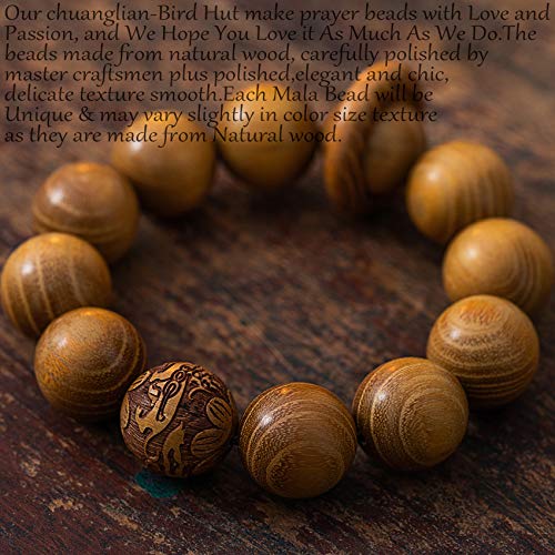 Chuanglian-Bird Hut Handmade Unisex 12 Beads Natural Golden Sandalwood Wood Prayer Beads Link Wrist Meditation Star Ring Circumstellar Decompression Bracelet Rosary Mala Necklace Chain For Men Women #TOP6