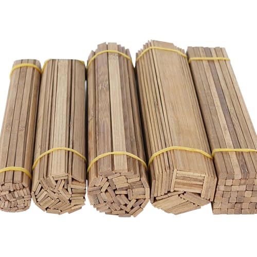 Queenbox 50Pcs 7.8-11.8in Mix Square Bamboo Sticks, Flat Unfinished Natural Wooden Rods Strip for House Model Building Diyer