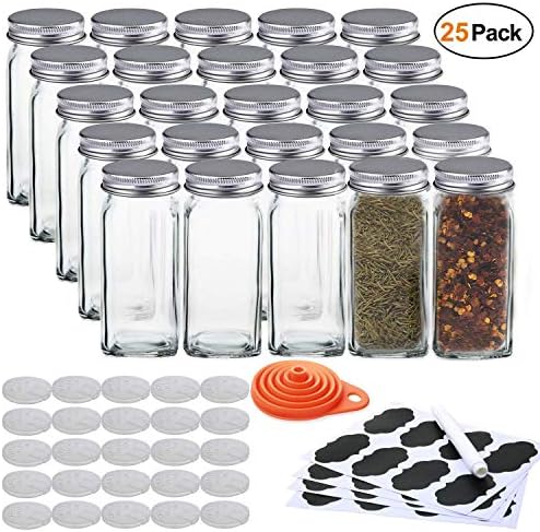 STONEKAE 25 Pcs Glass Spice Jars- Square Glass Containers With Square Empty Jars 4oz, Airtight Cap, Chalkboard & Clear Label, Shaker Insert Tops and Wide Funnel - Complete Organizer Set