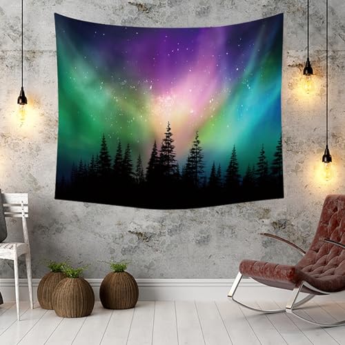Tapiz para colgar en la pared decorativo de 150 x 150 cm con diseño de paisaje de bosque y estrellas 3