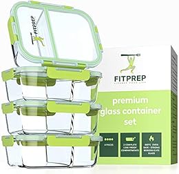 Fitprep® – The Original – Premium Glass Food Storage Containers Set Meal Prep Container, 4 x 1000 ml, Special Feature: 2 Density and Fully Separated Chambers, Glass -40 to 520 °C