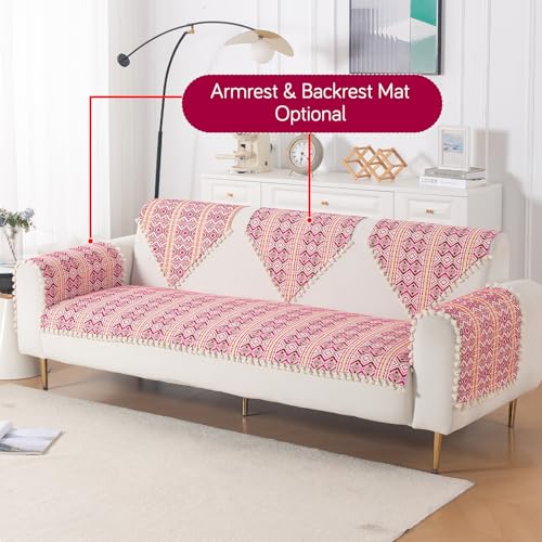 Image of HOKIPO Sofa Cover Mat with Tassel for 3 Seater Sofa | 300 GSM Thick Cotton Acrylic Jacquard Fabric,'Trivana Series' Cherry Red (IN-936-J8*S)