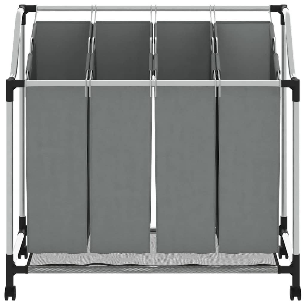 Kosz na pranie z rolkami i 4 półkami, szara rama stalowa, worki na pranie z włókniny, 96 x 40 x 92 cm, obciążenie 20 kg, nowoczesne, wąskie, prostokątne, do przechowywania, oszczędność miejsca