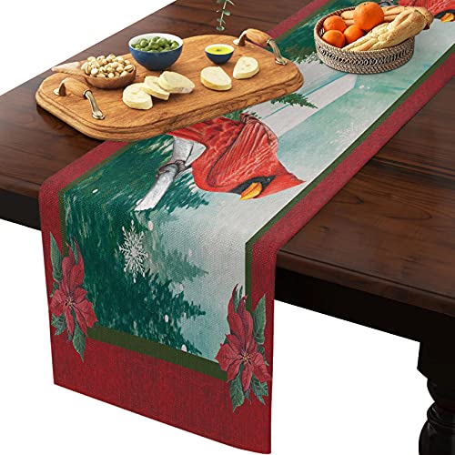 🛒 Flash Sale SUN-Shine Christmas Table Runner Snowy Forest and Red Cardinal Bird Table Runners Linen Burlap Dresser Scarves for Kitchen Dining Holiday Dinner Party Decor