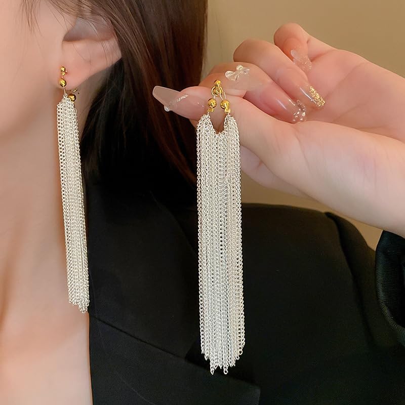 Silver Long Chandelier Earrings for Women Dangling Silver Dangle Tassel Fringe Statement Hanging Earring Elegant Formal Prom Jewelry - Image 3