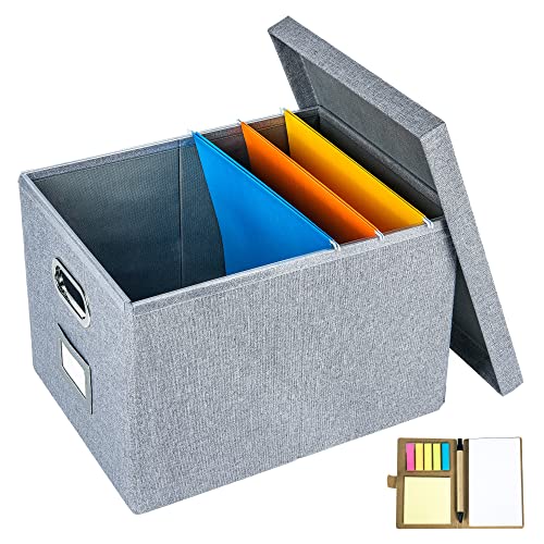 File Box Storage Organizer With Lid Notebook + 3 Hanging File Folders One Set Collapsible Linen Filing Office Organization Cabinet Letter/Legal Folder Size, Gray #TOP30