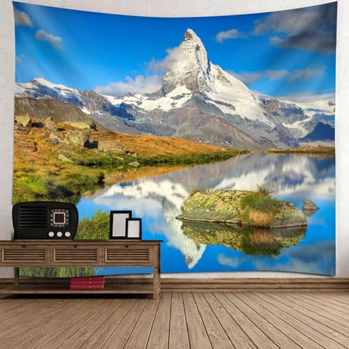 Tapisserie moderne montagnes et lac grand format, tenture murale decoration nature 210x140
