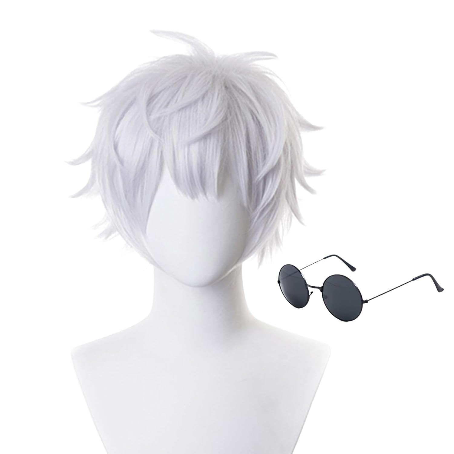Short Gray Gojo Satoru Cosplay Costume Wigs for Men Adults Halloween Male with Black Glasses Grey