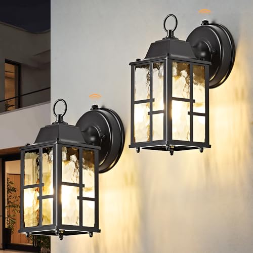 Image of OKELI Dusk to Dawn Outdoor Wall Lights, Exterior Waterproof Lantern, Front Porch Sconce Lighting with Water Ripple Glass Shade, Anti-Rust Wall Lamps Outside Lights for Garage (Black-SIZE-S-2pack)