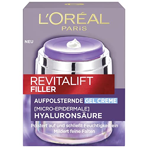 L'Oréal Paris Crema de gel hidratante antiedad, crema facial antiarrugas con ácido hialurónico puro, para todos los tipos de piel, relleno Revitalift, 50 ml