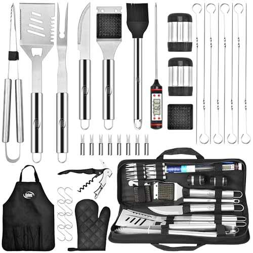 Kaluns Grilling Accessories, Dad Gifts for Christmas Grilling Gifts, Heavy Duty Stainless Steel Grill Set BBQ Grill Accessories for Outdoor Grill with Meat Thermometer, Case and Apron