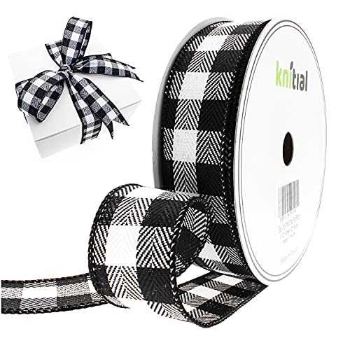Knitial Wired Buffalo Plaid Ribbon 11/2 Inches X 25 Yards Black And White