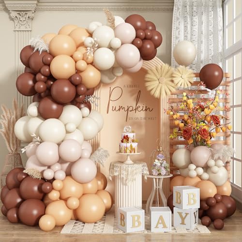 Image of Brown Balloons Garland Arch Kit, Retro Brown Nude Balloons Arch, Tan Ivory Balloon, Burnt Orange White Sand Balloon for Thanksgiving Fall Autumn Pumpkin Neutral Baby Shower Birthday Party Decorations