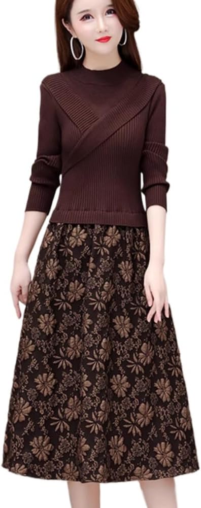 LIXINGHEITANG and Elegant Knitted Dress Women's Autumn Winter Holiday Two- Sweater Year Skirt