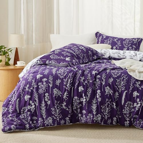 Image of Bedsure Full Comforter Set - Dark Purple Bed Set, 3 Pieces Cute Floral Bedding, 1 Soft Reversible Botanical Flowers Comforter and 2 Pillow Shams