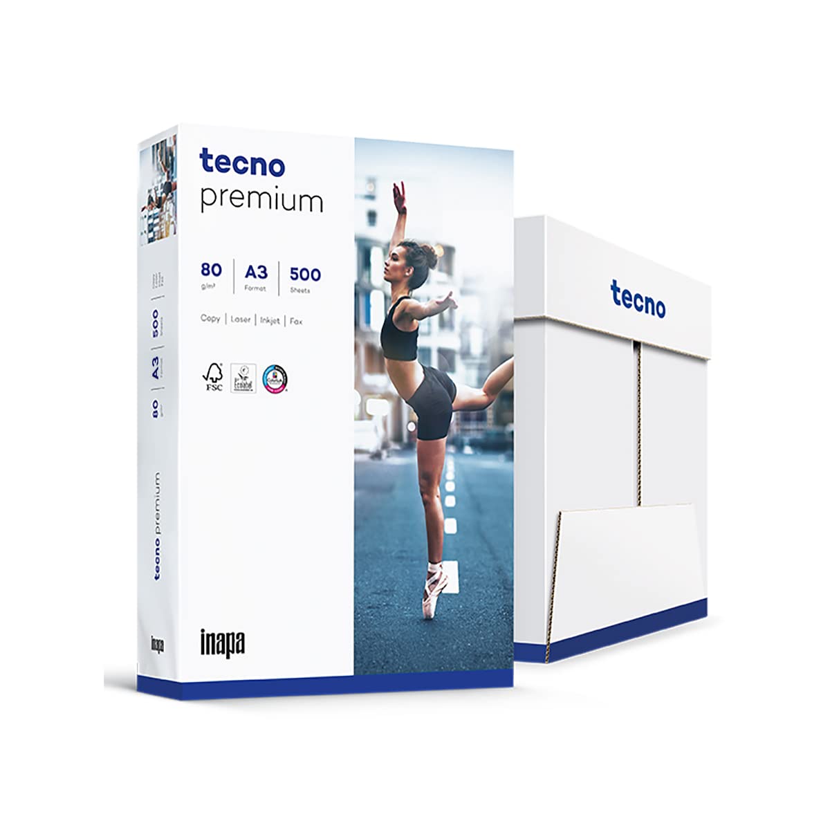 inapa Drucker-/ Kopierpapier tecno Premium: 80 g/m², A3, 2.500 Blatt (5x500), hochweiß
