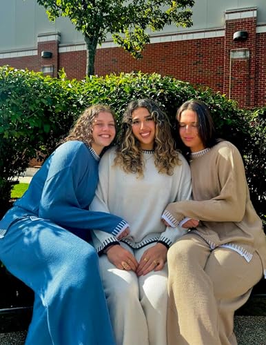 ZESICA Womens Casual 2 Piece Outfits Sweater Sets Long Sleeve Pullover Tops Wide Leg Pants Lounge Set4