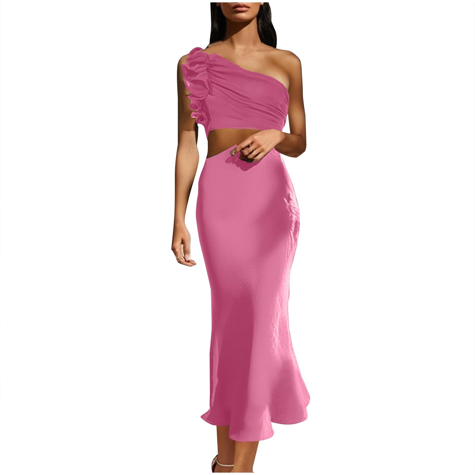 Women's One Shoulder Sleeveless Cutout Bodycon Maxi Long Dress Sexy Ruffle Elegant Cocktail Gown Evening Dresses Hot Pink