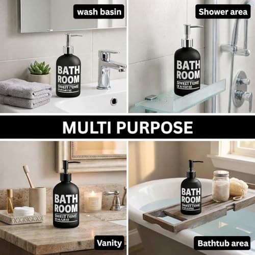 Image of Luxe Home International Bathroom Sweet Home Print Glass Soap Dispenser for Bathroom and Kitchen Sink Leak Proof Liquid Hand Wash Round Bottle Lightweight Smooth Finish (19.5x7.5 cm Black) Pack of 1